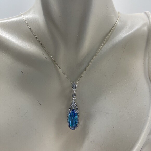 925 Sterling Silver Chain With 925 CZ Aqua Blue Stone Pendant New - Picture 1 of 9